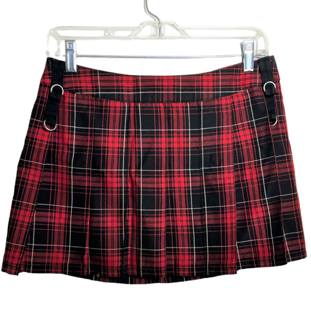 TRIPP nyc Red, Black & White Plaid & Pleated Unlined Mini Skirt, Size S